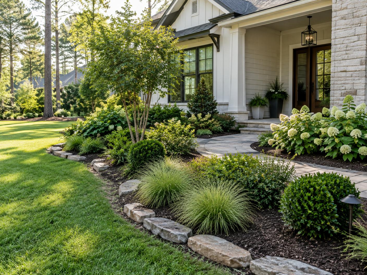 Landscaped planting beds and walkway at a residential property